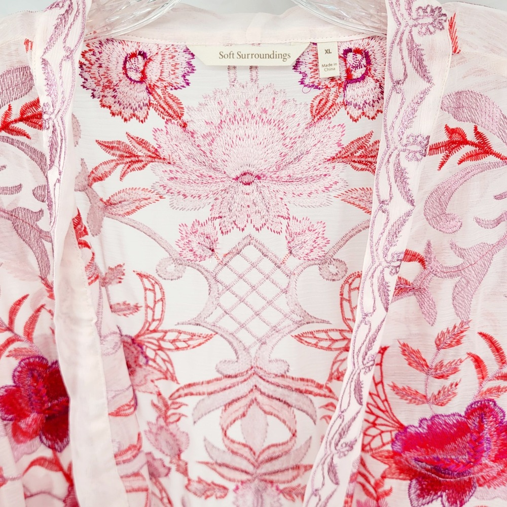Soft Surroundings Pink Floral Embroidered Sheer Duster Cardigan Kimono XL Resort - Picture 6 of 8